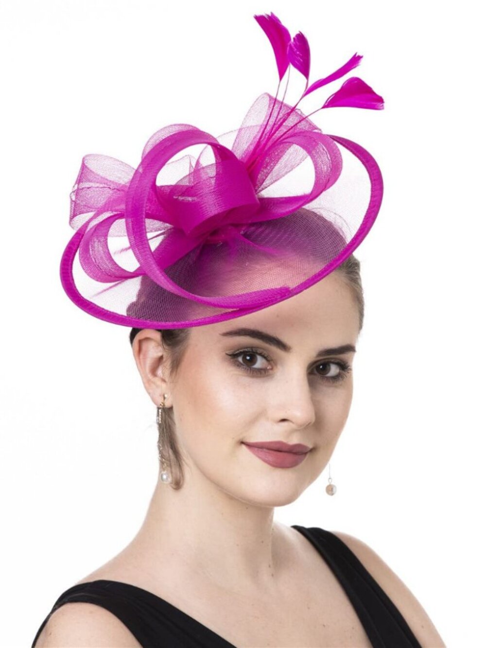 Women Fascinator Hair Clip Feather Flower Wedding Party Hat Sz1-Fuchsia